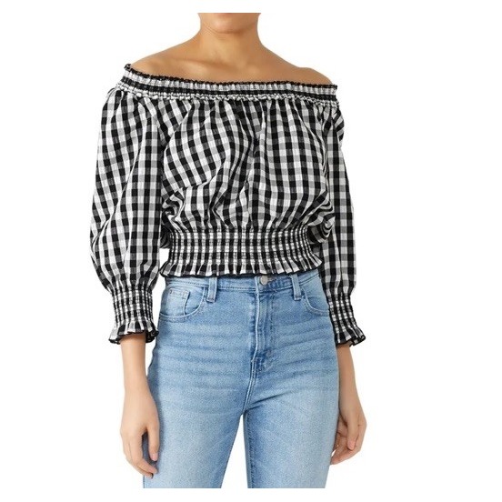 Tanya Taylor Black White Checked Gingham Cropped Peasant Smocked Top M L Daisy